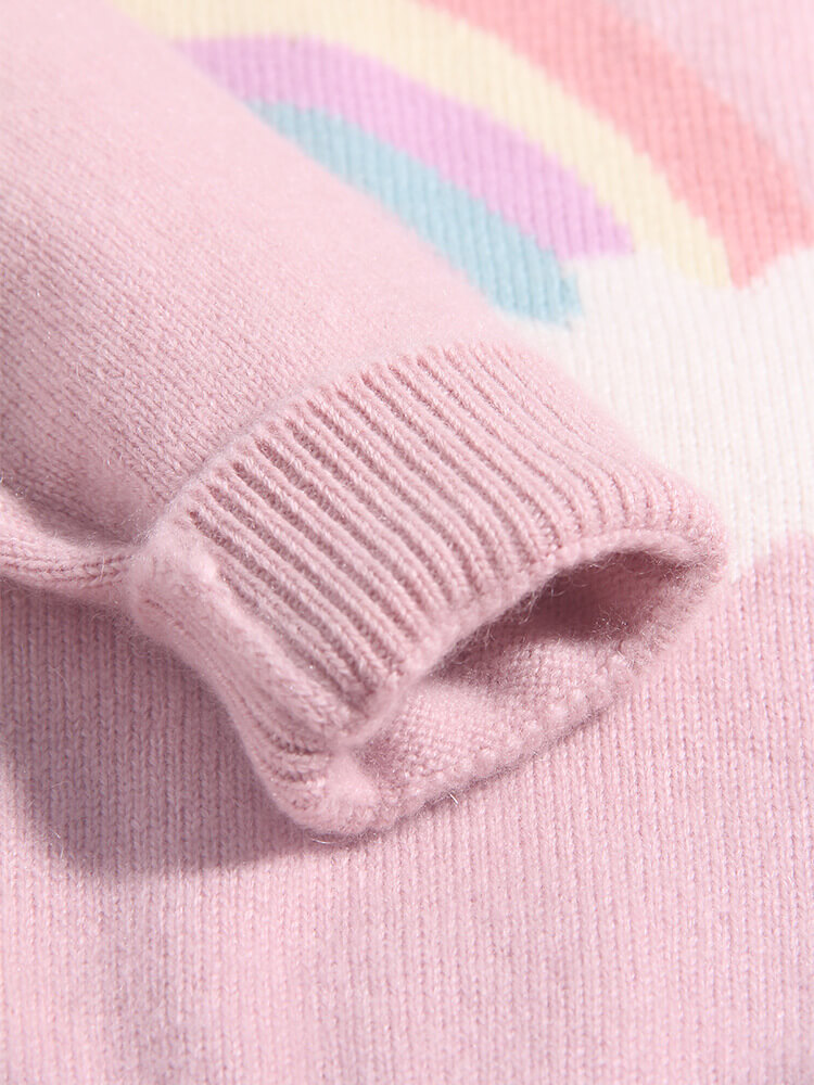 Kids Soft Pink Rainbow and Clouds Knit Pullover Cashmere Sweater